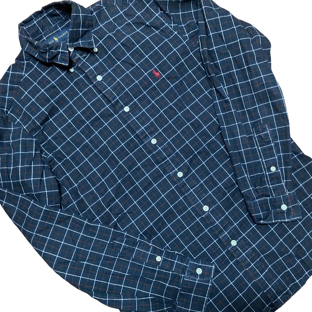 Ralph Lauren Mens Small Navy Blue Plaid Button Down Shirt Long Sleeve Pony Logo